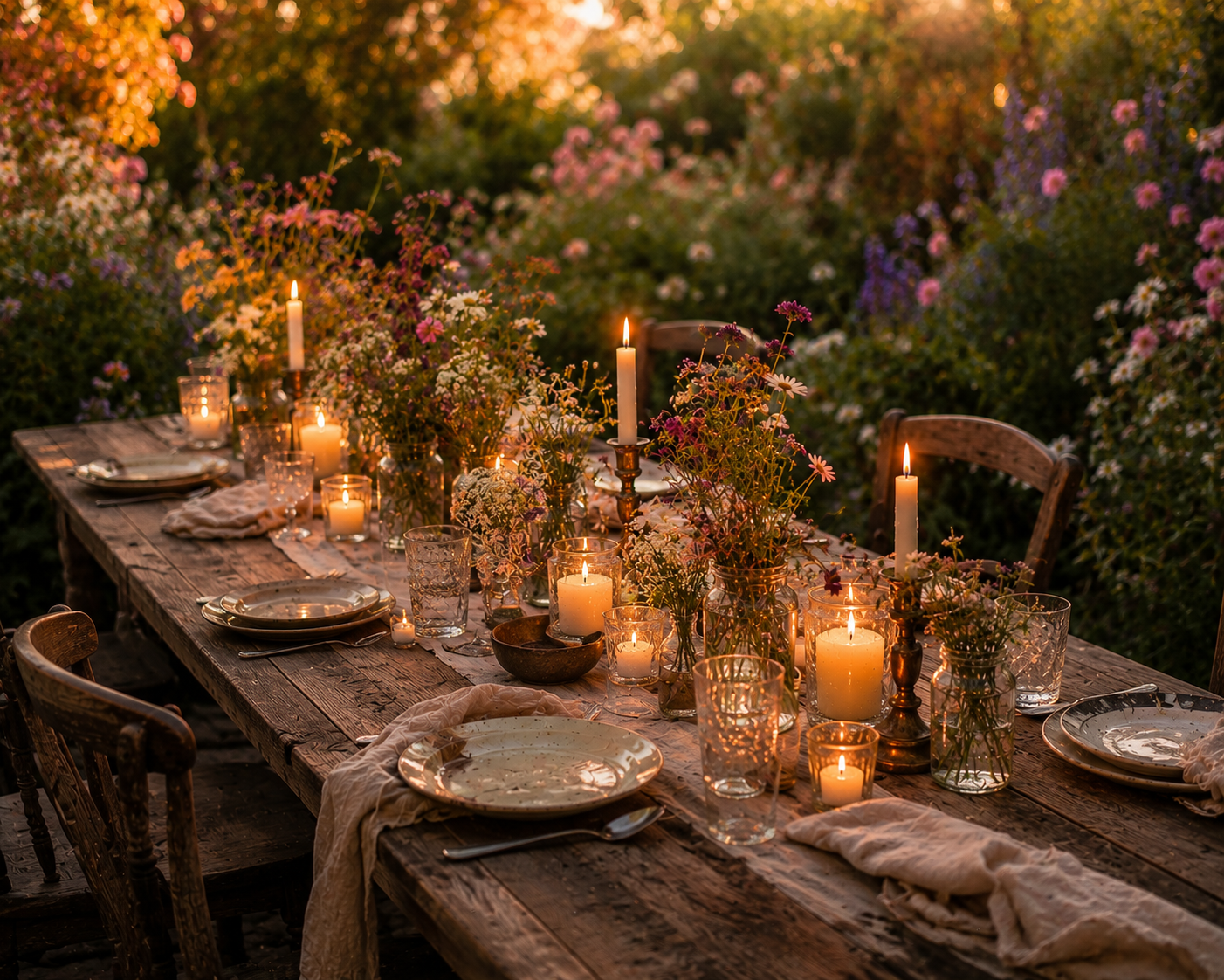 Candlelit dinner table set with flowers